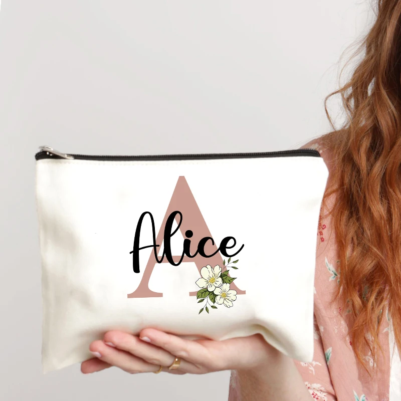 Floral Letters Custom Name Makeup Bag Best Gift for Bridesmaid Teachers Friends Women Purse Personalise Gift for Birthday