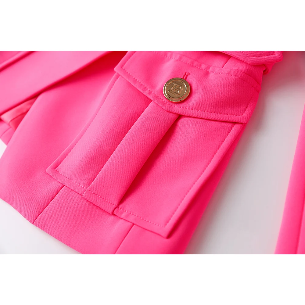 Bright Fluorescence Color Euro-american Stylish High Street Women Belt Pockets Fitness Elegant Lady Gorgeous Blazer