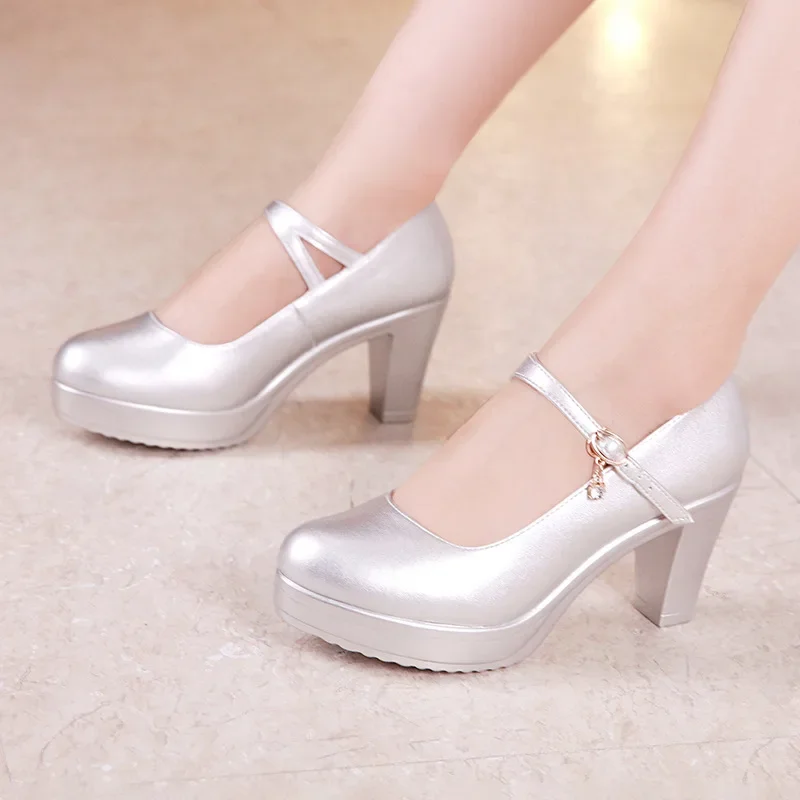 2020 Model Catwalk High Heels Women's Thick Heel Thick Platform Waterproof Round Head Professional Work Shoes Mid-heel