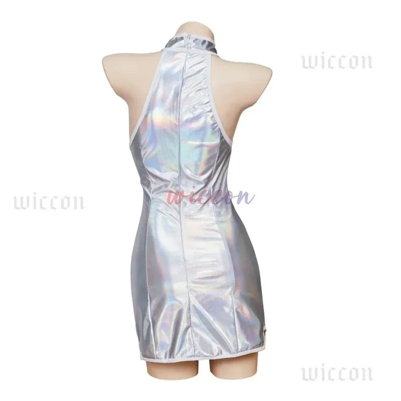 DY20Austin Powers فانيسا أزياء تنكرية فستان الحمالات فانيسا مثير Strappy الرسن الفضة تمتد فستان قصير زي الهالوين