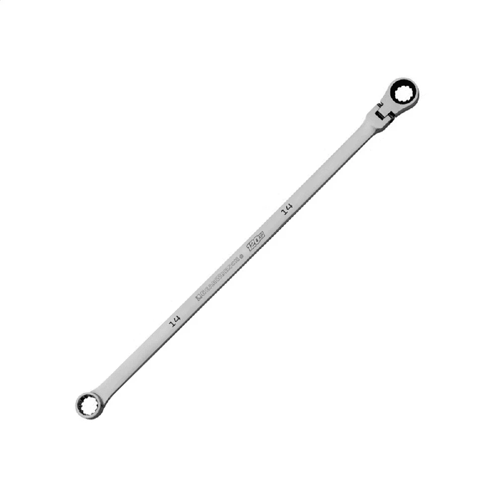 14mm Ratcheting Wrench 120XP Universal Spline Flex-Head Extra Long Beam 3 Degree Swing Arc 120 Positions Non-Ratcheting End