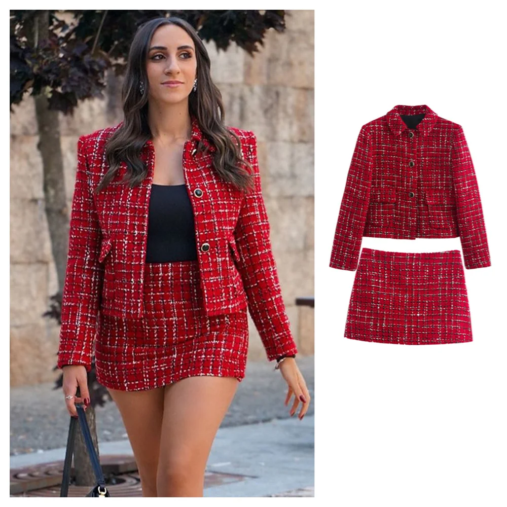 PB&ZA2024 autumn new women\'s clothing temperament commuting texture coarse tweed simple suit jacket high waisted skirt pants set