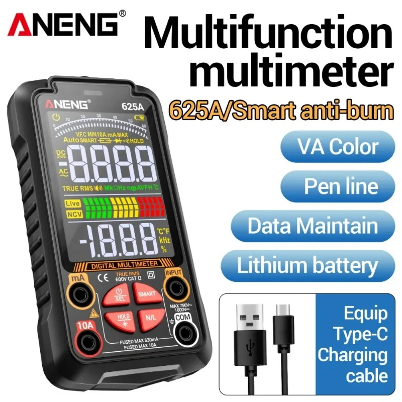 

ANENG 625A Multimeters VA Color Testers 60MOhm 10A Display Meter 1000V Current/Voltage Multimetro USB Type-c Charge Test Tools