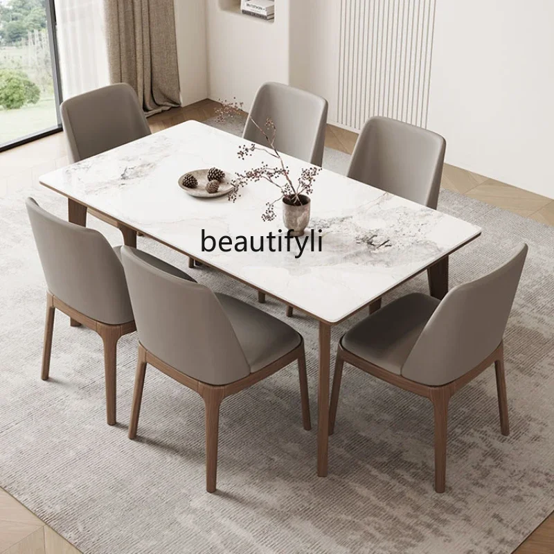

Nordic Solid Wood Ash Stone Plate Dining Tables and Chairs Set Modern Minimalist Walnut Dining Table
