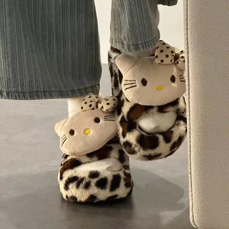 Cute Hello Kitty Plush Slippers Cartoon Kawaii Sweet Leopard Spice Girls Home Soft Sole Long Hair Cotton Slippers Y2k Sanrio New