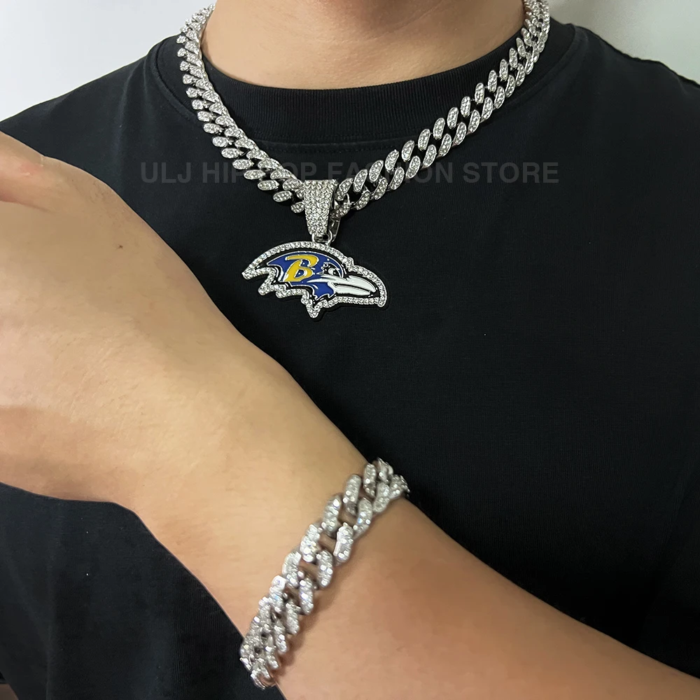 Purcolasia Hip Hop Iced Out  Baltimor Ravens Footdbal Pendant with Cuban Chain  Necklaces Bracelelt Fashion Punk Jewelry Gif