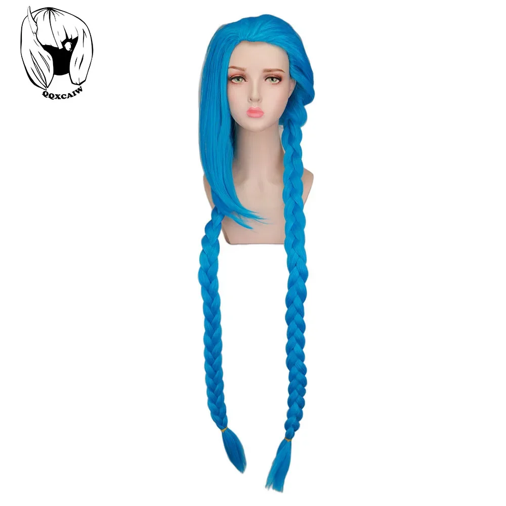 QQXCAIW Anime Cosplay LOL Jinx Long Blue with Double Braids Heat Resistant Synthetic Hair Wigs Halloween