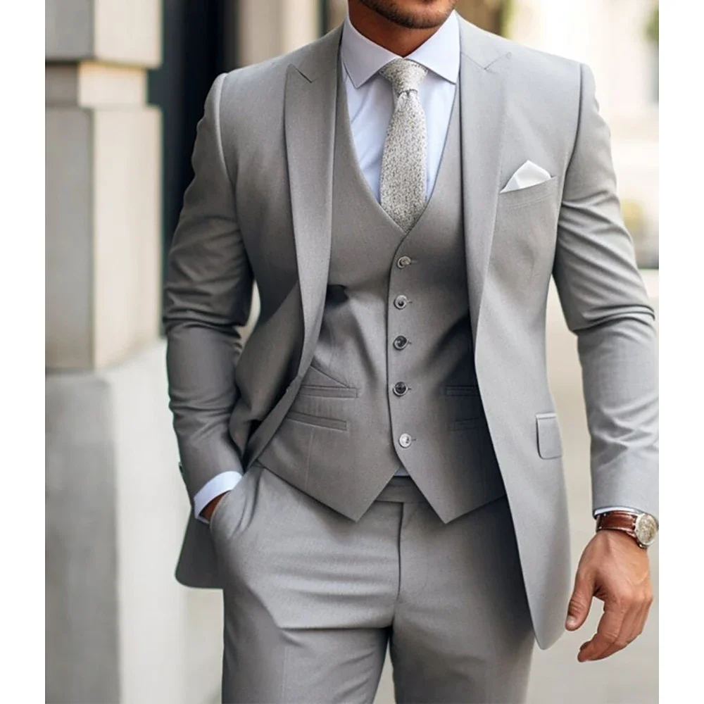 Men\'s Suits  Grey Costume Homme Slim Fit Formal Wedding Outfits 3 Piece Jacket Pants With Vest Custom Made 2024