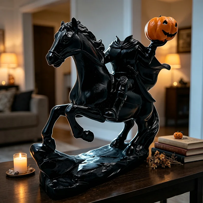 Halloween Headless Horseman Resin Statue Spooky Pumpkin Knight Figurine Desktop Ornament Home Party Decoration Halloween Gift