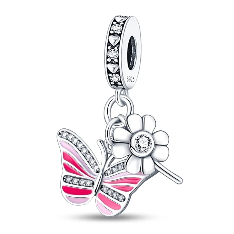 Original 925 Sterling Silver Pink Heart Clover Donut Bunny Butterfly Charm Beads for Pandora DIY Bracelet Ladies Jewelry Gift