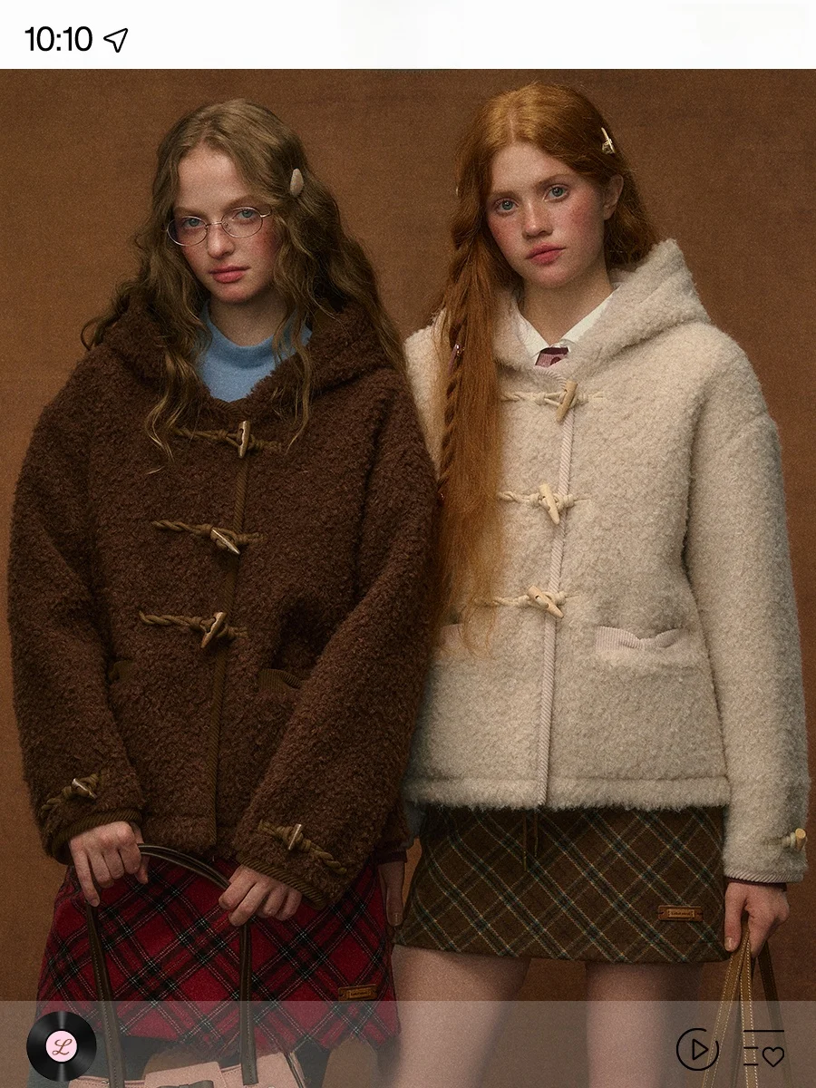 

LOLOL 2025 New Women's ort Lamb Fur Jaet with Hood Cotton Coat Button Closure Retro Sle Pure Color Commute Faion