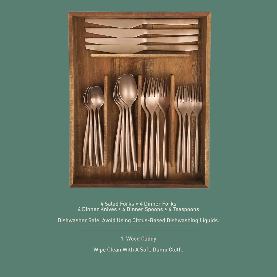 20 قطعة من أدوات المائدة المصنوعة من الحجر المغسول باللون الذهبي الوردي 18 10 مجموعة أدوات المائدة الفضية المصنوعة من الفولاذ المقاوم للصدأ مع خدمة علبة خشب السنط fo #3