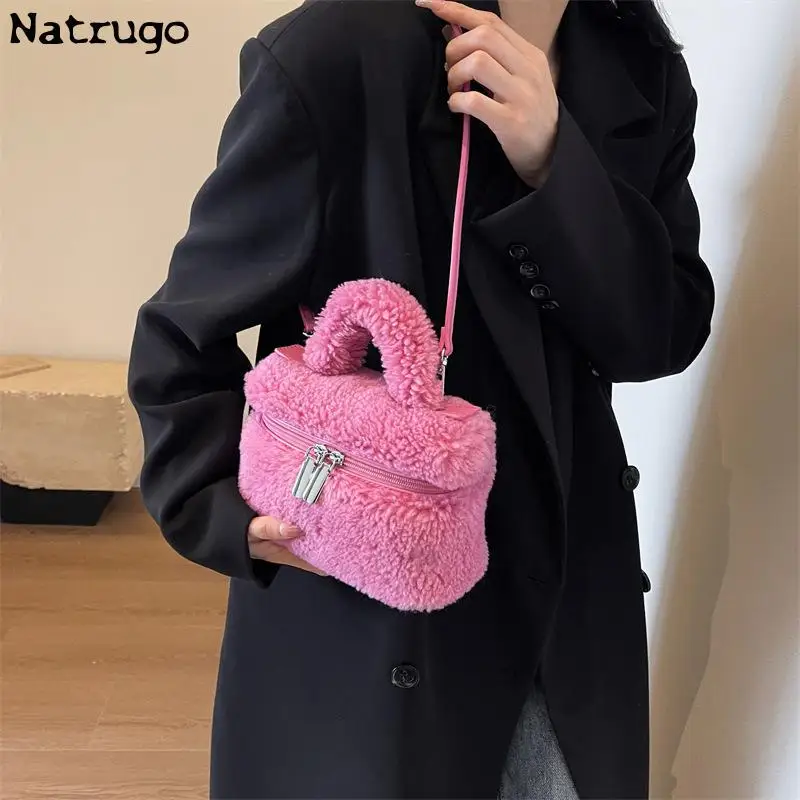 Winter Soft Plush Women\'s Small Shoulder Bag Faux Lamb Wool Ladies Bucket Crossbody Bags Cute Female Phone Pouch Purse Handbags