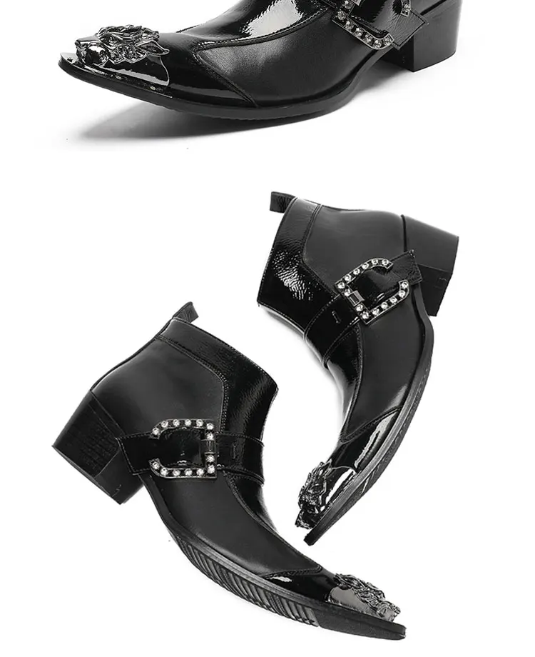 Frühlings-Herrenstiefel, rote Lederstiefel mit Nietenspitze, Modell, sozialer Kontakt, Erhöhung der Show, hochhackige Herrenstiefel aus Lackleder – Detail 12