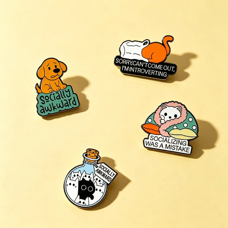 Funny English Slogan Social Anxiety Animal Design Brooch Cartoon Dog Cat Enamel Metal Badge Fashion Gift DIY Clothing Bags Hat