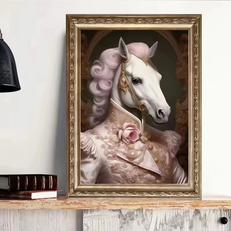 Pink Renaissance Animal Portrait Poster Tiger Gorilla Rococo Horse Giraffe Rabbit Zebra Panda Canvas Painting Wall Home Decor