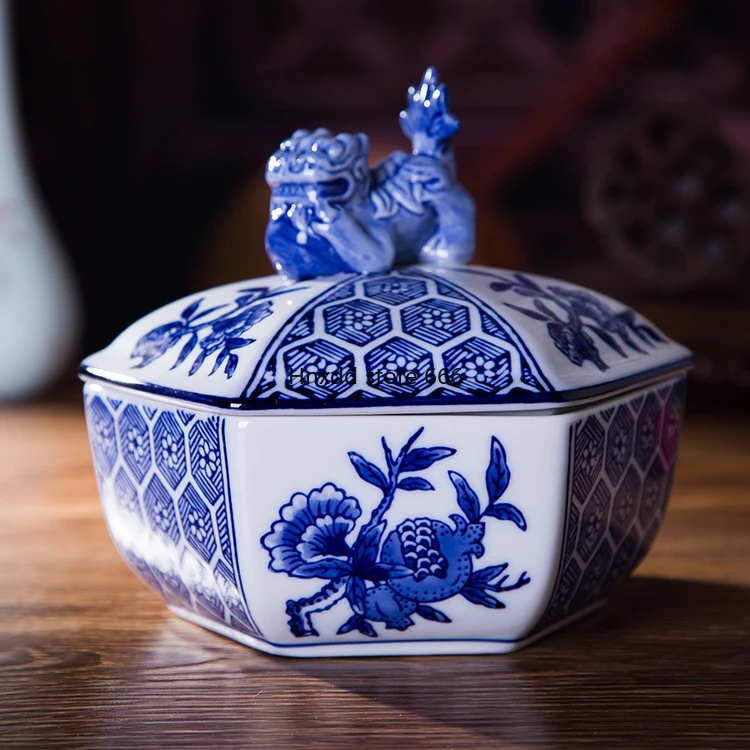 Hand painted blue and white ceramic jewelry box storage box