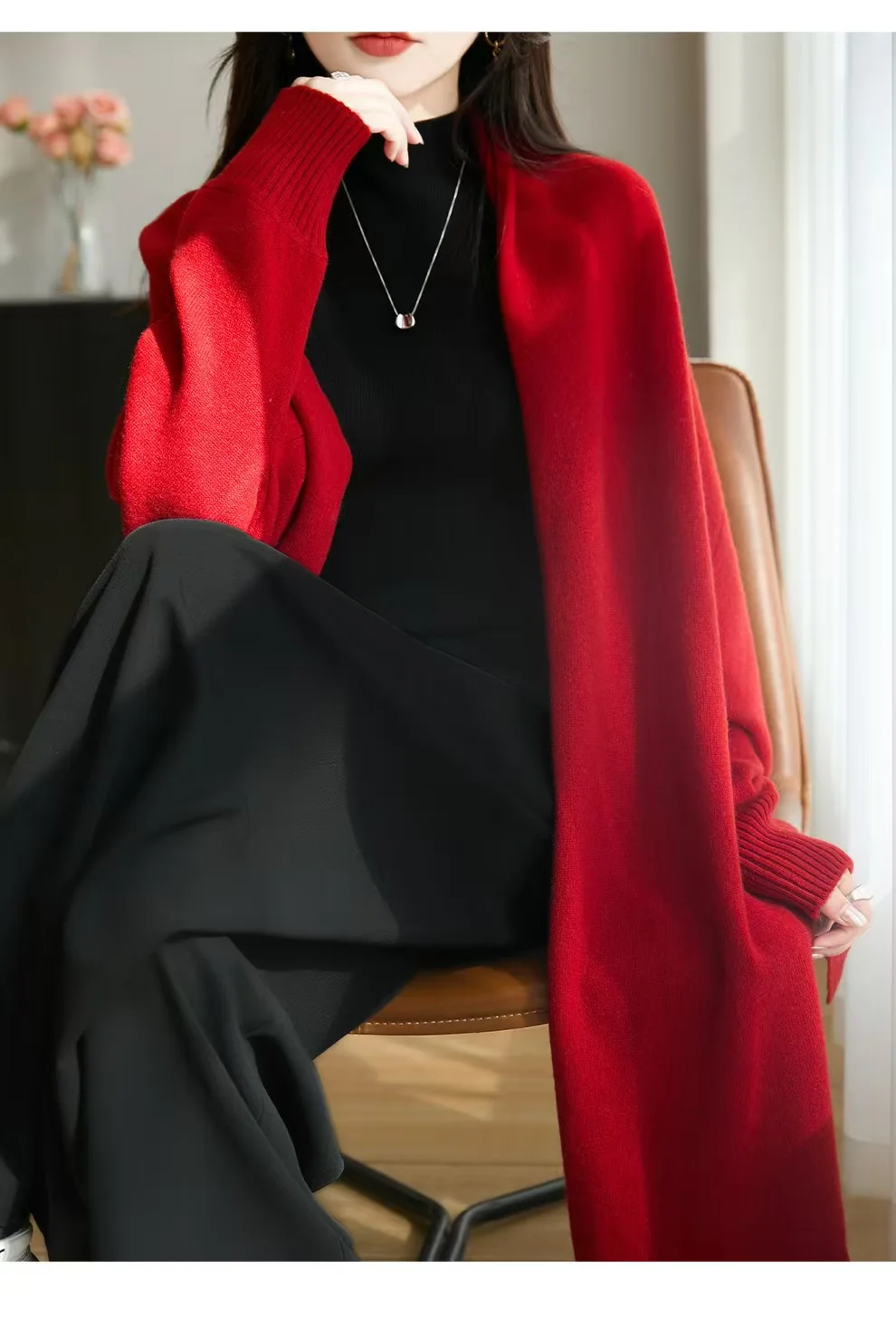 High-grade tassels 100% pure cashmere knitted shawl women's loose Joker cardigan