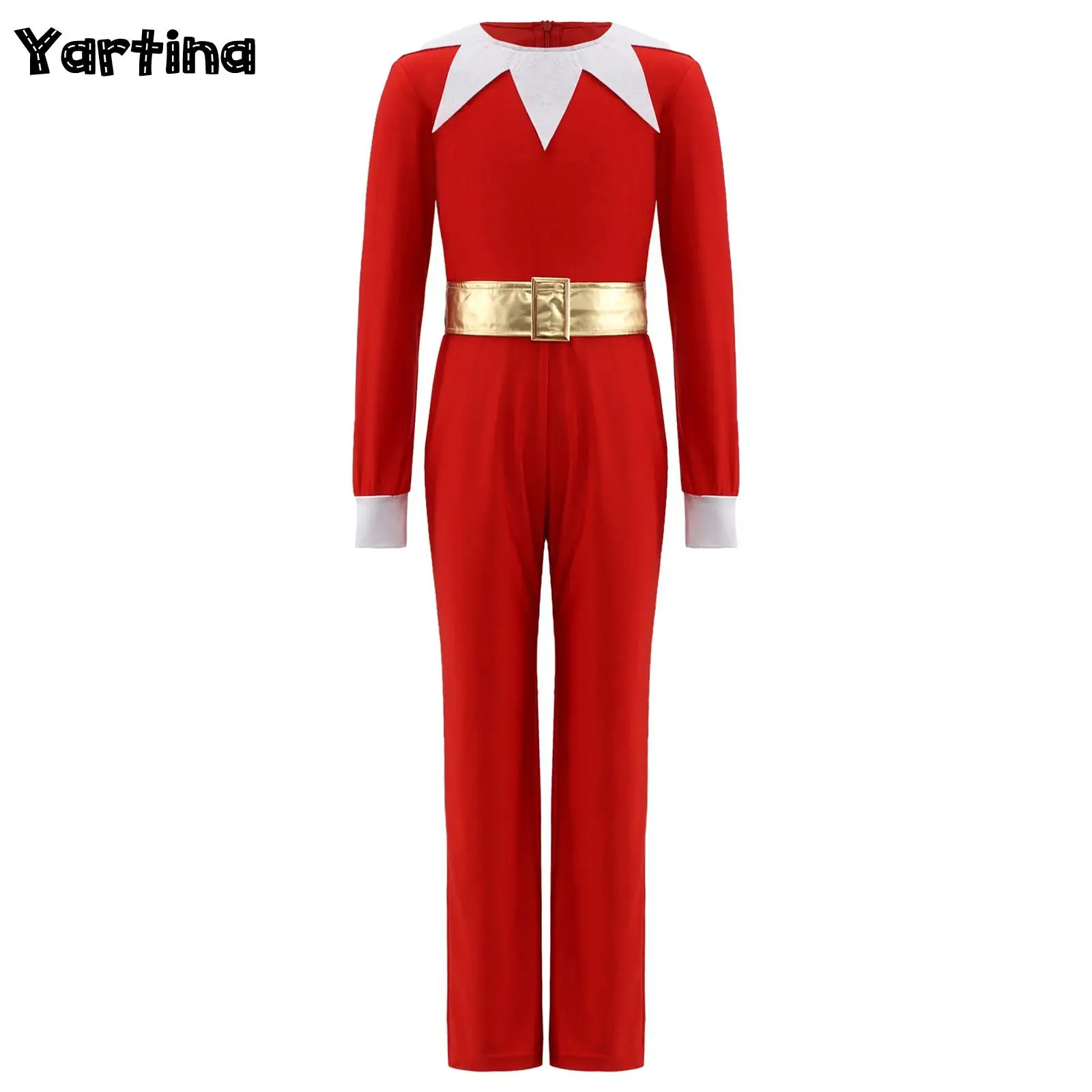 

Girls Boys Christmas Xmas Elf Santa Claus Cosplay Costume Back Invisible Zipper Candy Cane Jumpsuit with Metallic Waistbelt