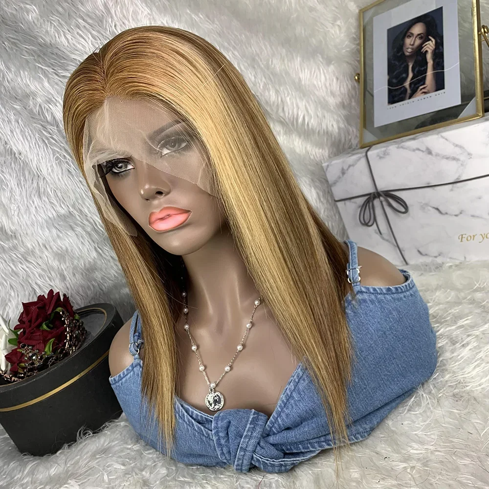 

Ombre Brown Highlight Honey Color 4/27 Wig 13x4 Transparent Lace Frontal Wig 20inch Lace Front Wig Straight Human Hair for Women