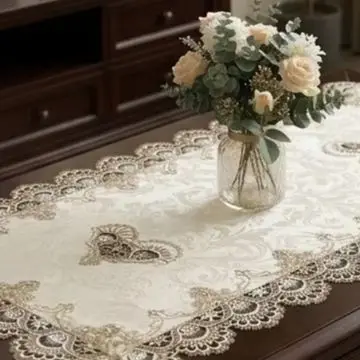 2 Piece For Tablecloth Set 50x100cm Polyester Rectangular Mat with Elegant Hollow Floral Embroidery and Lace Trim