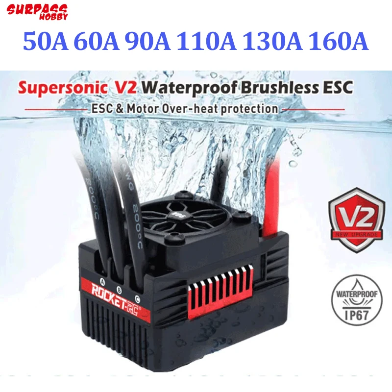 

ROCKET-RC RC ESC Бесщеточные V2 50A 60A 90A 110A 130A 160A Электронные контроллеры скорости для 1/7 1/8 1/10 RC Car Buggy Truck Parts