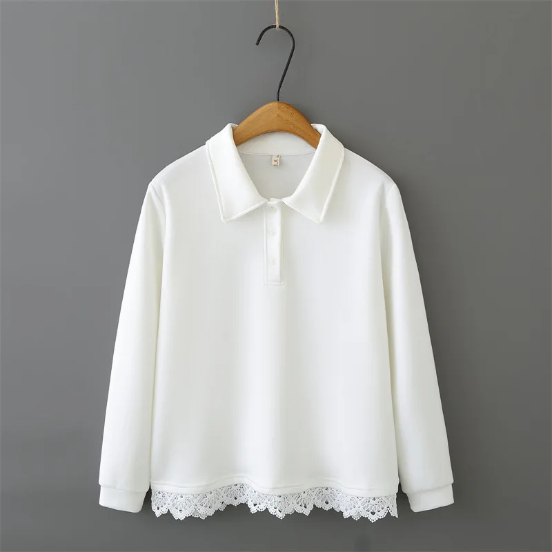 

Women Plus Size Long Sleeve Tops 2026 Spring Lace Hem Mamba Cotton Turn-down Collar Fashion Sweatshirt 2604