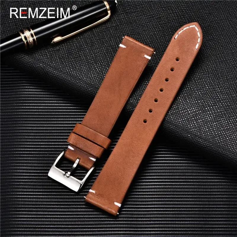 Leather Watchband Strap 18mm 20mm 22mm Quick Release Watch Strap Cowhide Handmade Black Dark Brown Vintage Leather Watchband