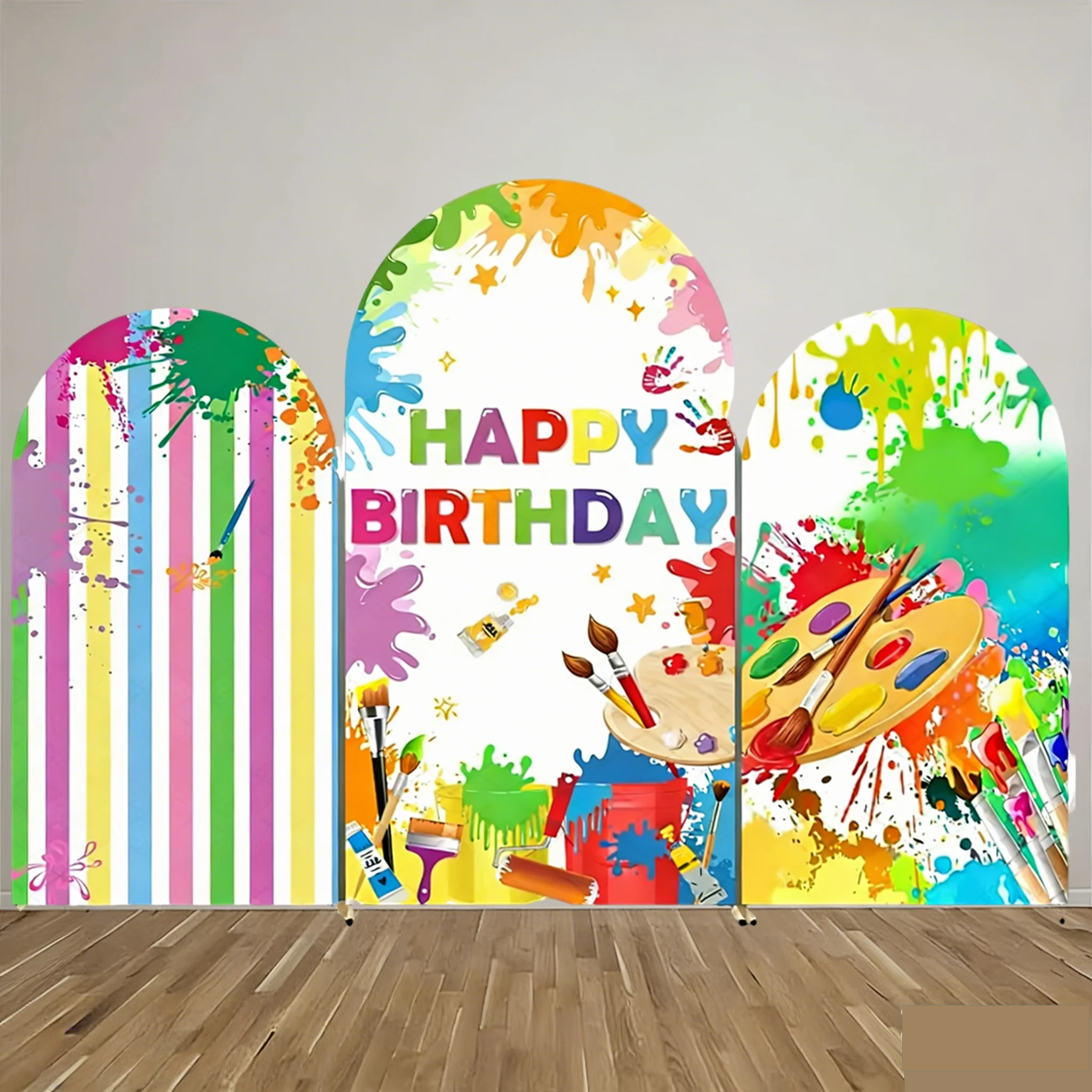 

Art Painting Theme Arch Backdrop Paint Splatter Brush Palette Colorful Stripes Kids Art Birthday Party Decor Photo Background