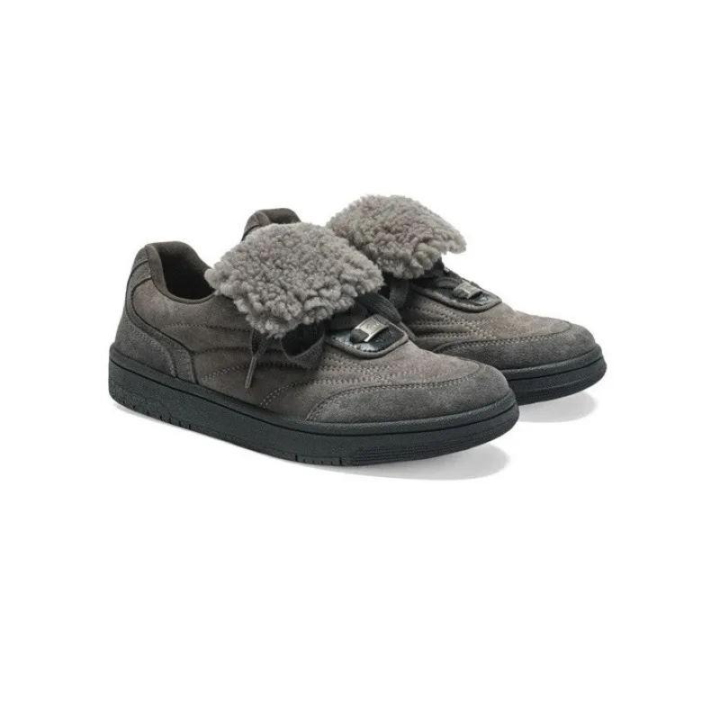 Women's Lace-up Fleece Sports Warm Moral Training Shoes Frosted Leather Lamb Wool Autumn and Winter Casual Sneakers