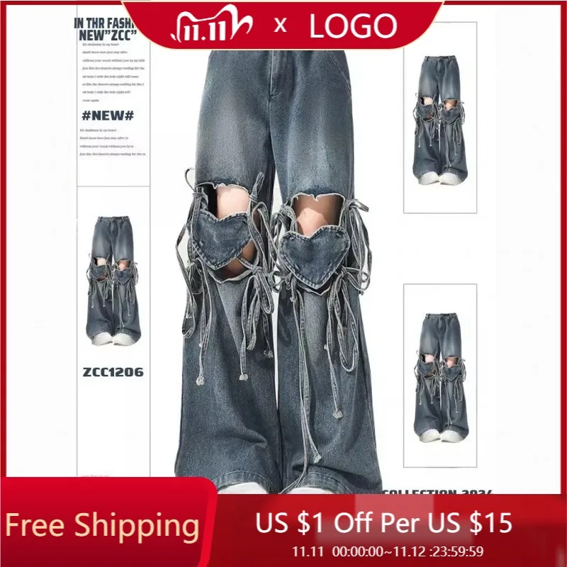 

90s Aesthetic Pants Hollow Out High Waist Wide Leg Trouser 2000s Clothes 2026 Women Retro Blue Pants Baggy Vintage Y2k Harajuku