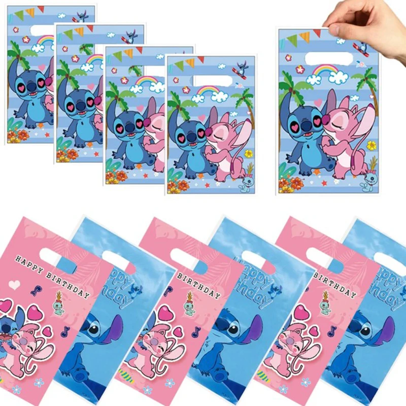 Disney-bolsas de regalo de Lilo & Stitch para niños, 10 piezas, bolsa de dulces para fiesta, azul, puntada, rosa, Ángel, Goodie, cumpleaños