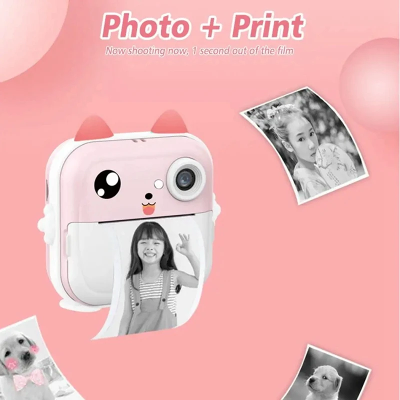 Kids Photo Camera 2.4Inch IPS Screen Child Camera Instant Print Video Recording Take Pictures Birthday Gift Pink (B) Durable