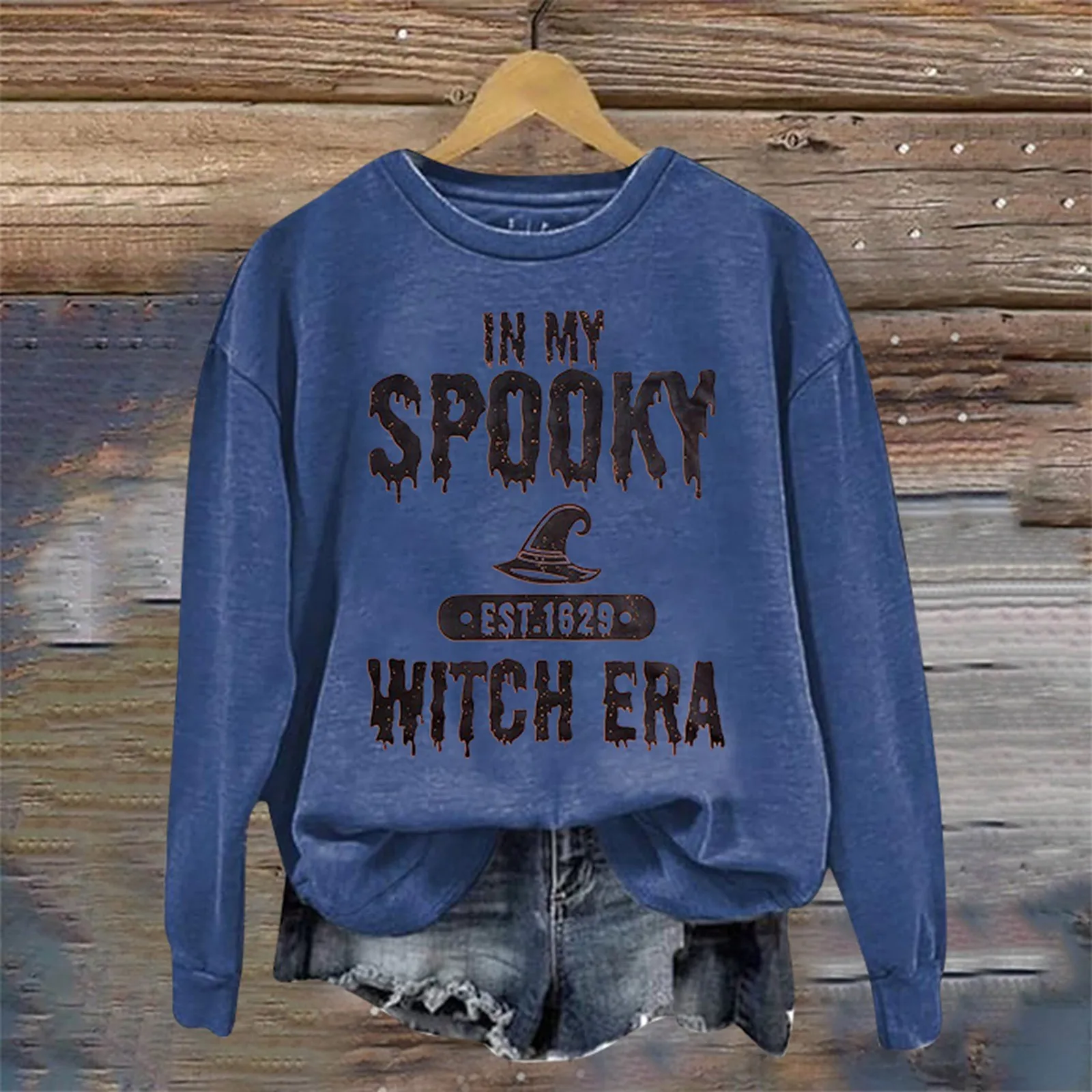 Damska bluza z kapturem z nadrukiem Halloween Witch Letters Printed Trend w modzie Bluza z kapturem Okrągły dekolt Długi rękaw Cienki wygodny top