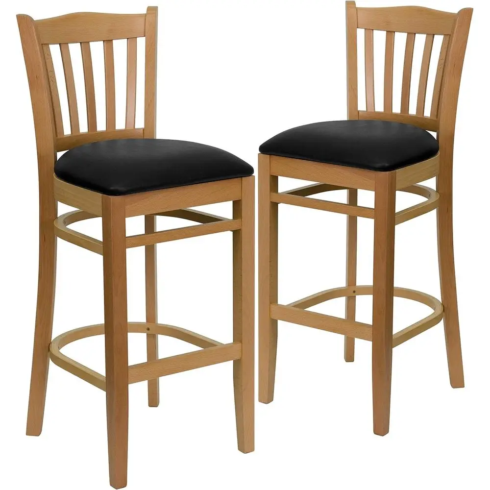 Natural Wood Slat Back Restaurant Barstool with Black Vinyl Seat