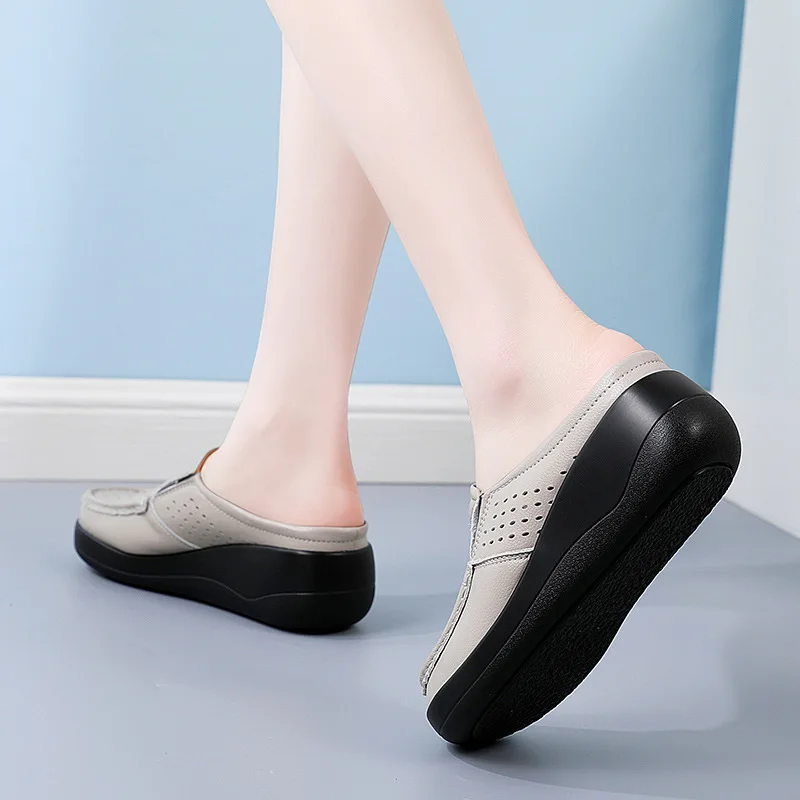 Summer New Women Platform Slipper Ladies Genuine Leather Comfort Wedge Moccasins Slingbacks Shoes Slip on Women Casual Shoes