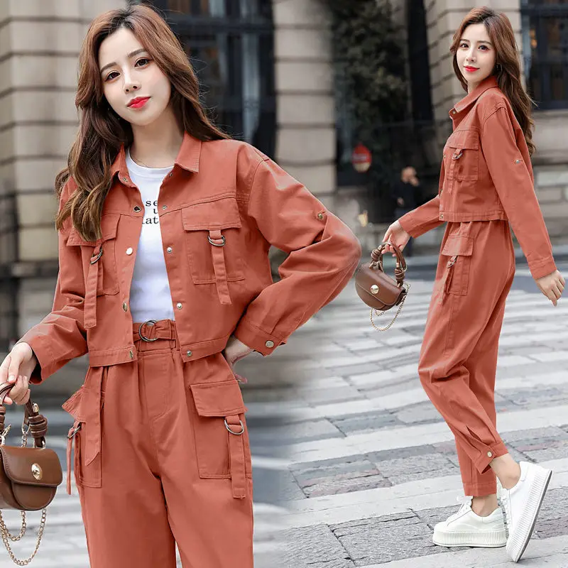 Spring Autumn New Strap Up Straight Leg Pants+short Age Reducing Jacket Fashion Temperament Workwear Two-piece Set for Women