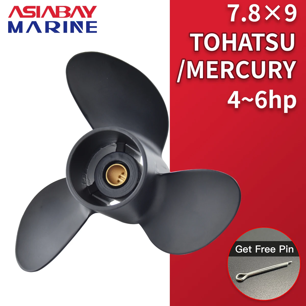 7.8x9 Aluminum Alloy 3-Blade Propeller 12-Spline Marine Engine Part for Tohatsu, Mercury, and Mariner 4-6HP Outboard Engines