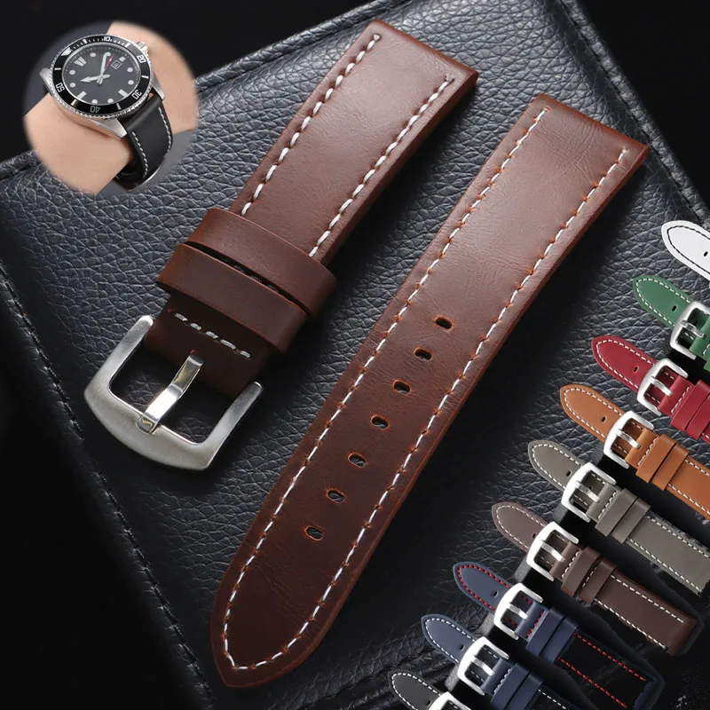 18mm 20mm 22mm 24mm Cowhide Strap for Seiko for Omega Leather Band for Huawei GT2/3/4 Bracelet Vintage Edge Stitching Wristband