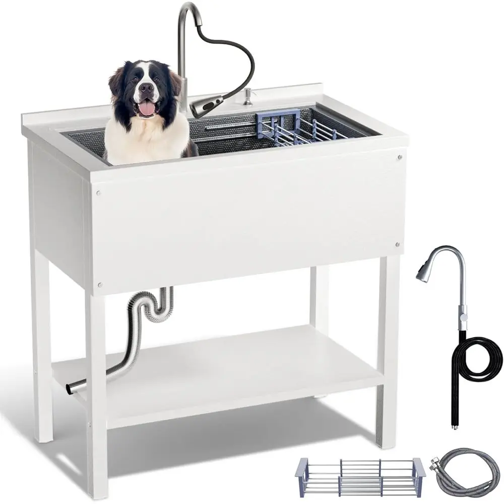 

36-дюймовая универсальная мойка из нержавеющей стали, отдельно стоящая кухонная мойка с краном, шлангами и сливной корзиной, коммерческие мойки для гаража, Cu