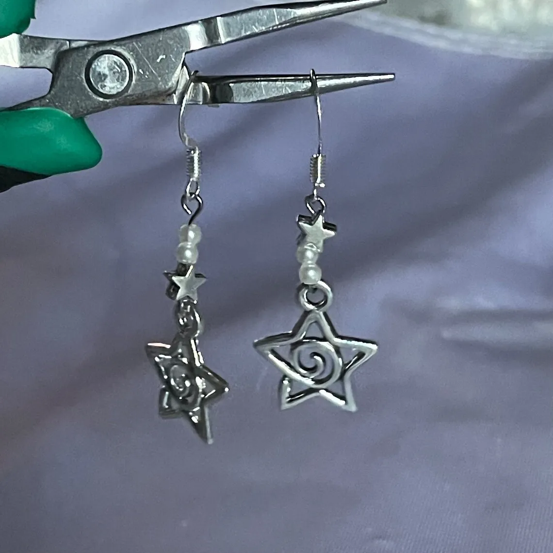 Faux Pearl Whimsy Goth Swirly Star Asymmetrical Earrings Silver Color Pair of Celestial  Witch Celestial Gift Friend Women Boho