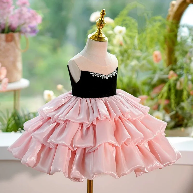 Jill Wish Elegant Pink Girl Dress Knee Length Tiered Beaded Arabic Princess Kids Pageabt Wedding 1st Birthday Party Gowns J412