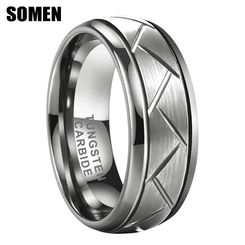 Somen 8mm Tungsten Carbon Ring For Men Silver Color Groove Beveled Edge Matte Curved Herringbone Tyre Wedding Rings Jewelry Gift