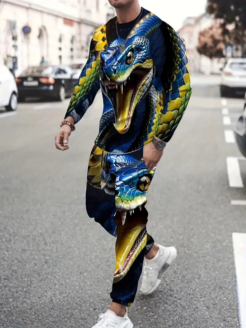Spring And Fall Men\'s Long Sleeve Pant 2pcs Sets Dragon Striped 3D Animal Print Man Set Everyday Fashion Men Long Sleeved Tshirt