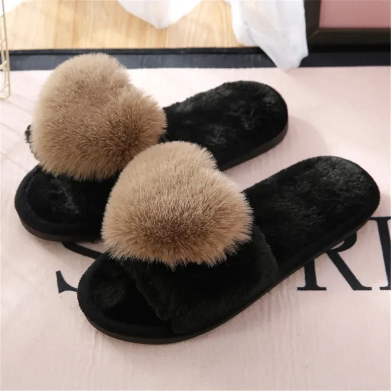 women shoes woman slides plush home women indoor home slipper Winter Warm Faux Fur  Slippers