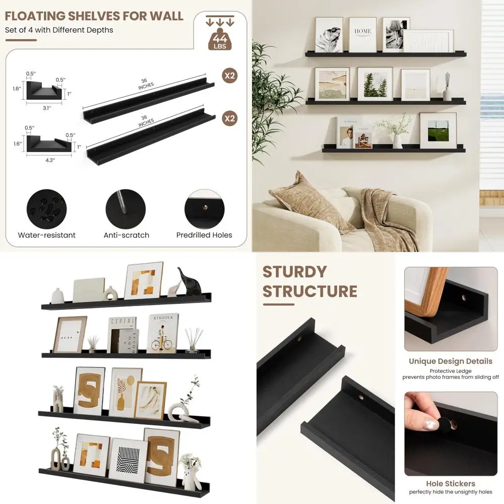 

Set of 4 Black Floating Wall Shelves, 36 Ledge for Pictures and Storage in Living Room, Bedroom, and Nursery