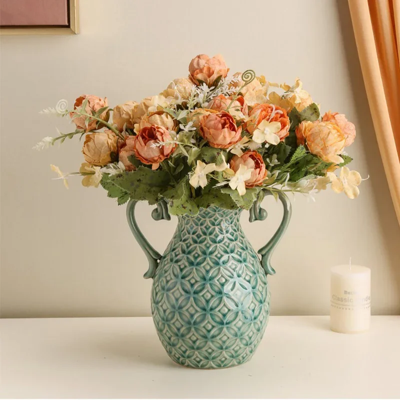 Retro Green Relief Ceramic Vase with 2 Handles, Flower Arrangement Art Ornament, Home Office Decor