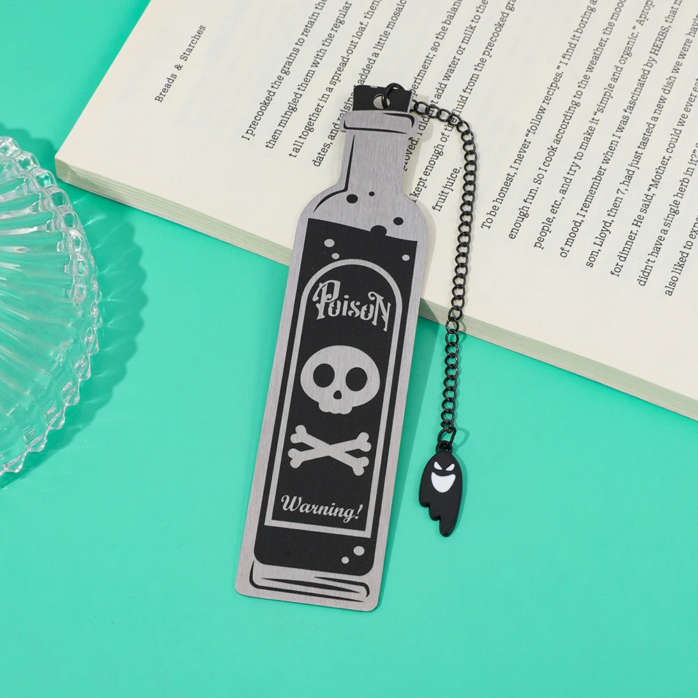 Halloween Skeleton Bottle Metal Bookmark with Ghost Pendant | Gothic Dark Style Book Marker for Book Lovers Gift