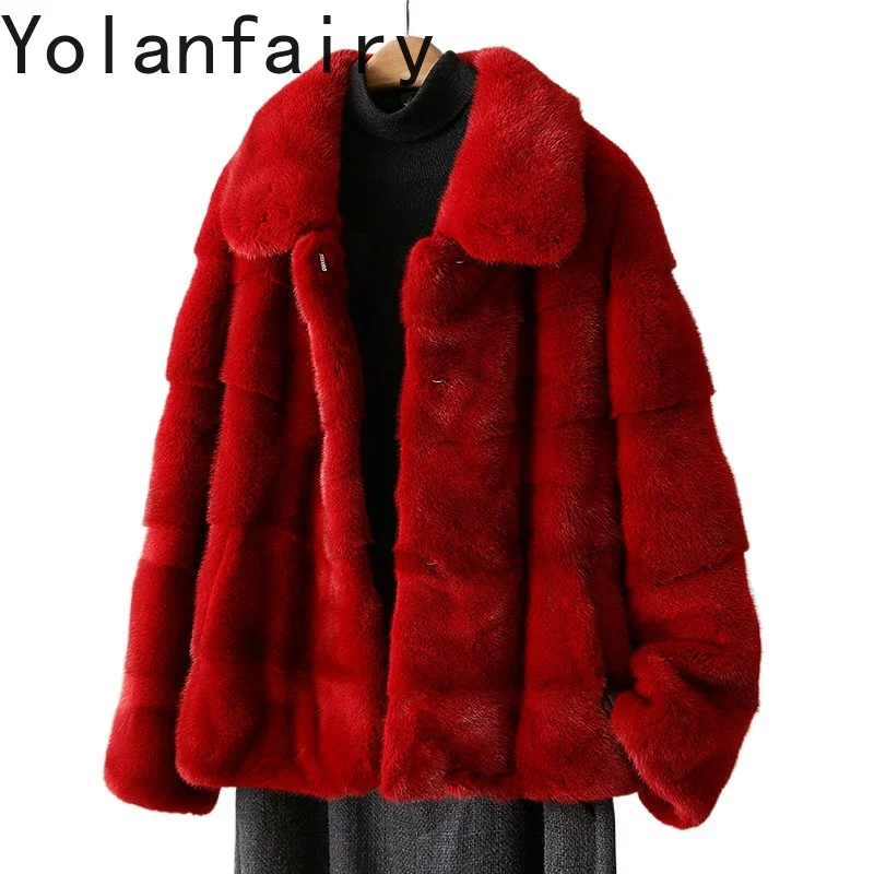 

Шуба YOLANFAIRY из натурального меха норки, красная, женская, осенне-зимняя, короткая, с отложным воротником, модная, натуральный мех, Abrigos Mujer