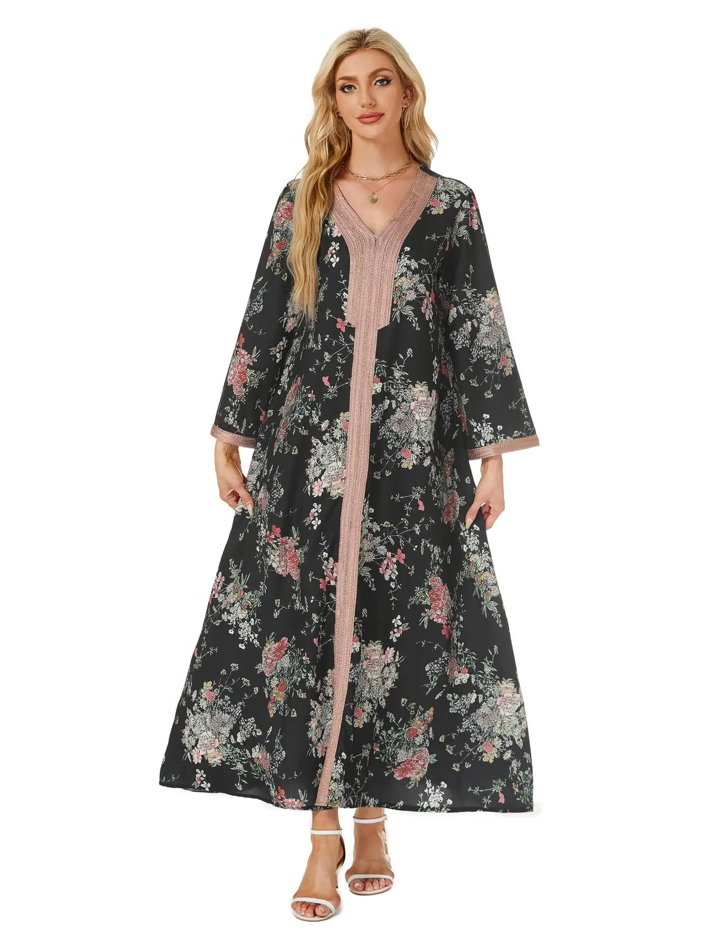 Eid bloemenprint moslim abaya jurk met sjaal voor dames, diamant, Dubai, Arabisch, Marokkaanse, Kaftan jurk, gewaad, kaftan